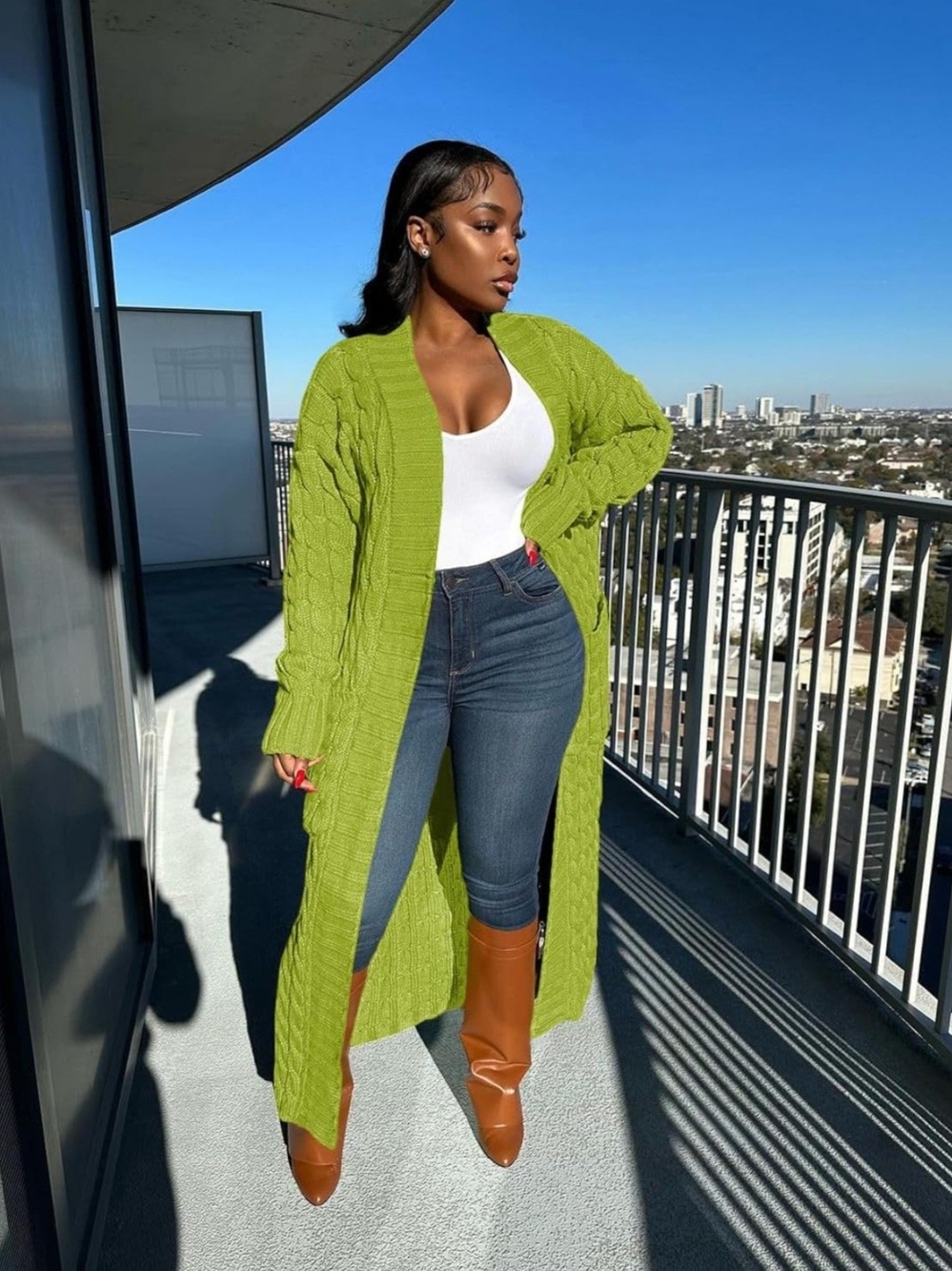Long Cable Knit Open Cardigan Sweater